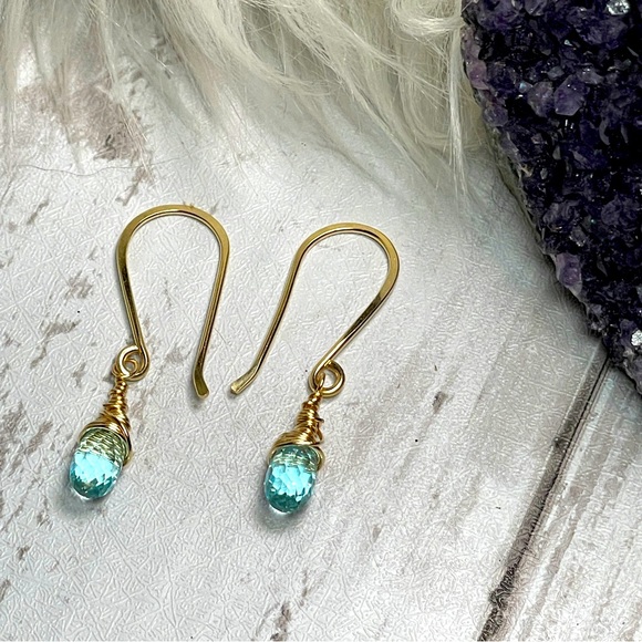 Aquamarine Quartz Crystal Earrings Artisan Designed 14k Gold Filled Wire - Picture 5 of 17